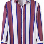 Burgundy white and blue striped men’s button-up shirt