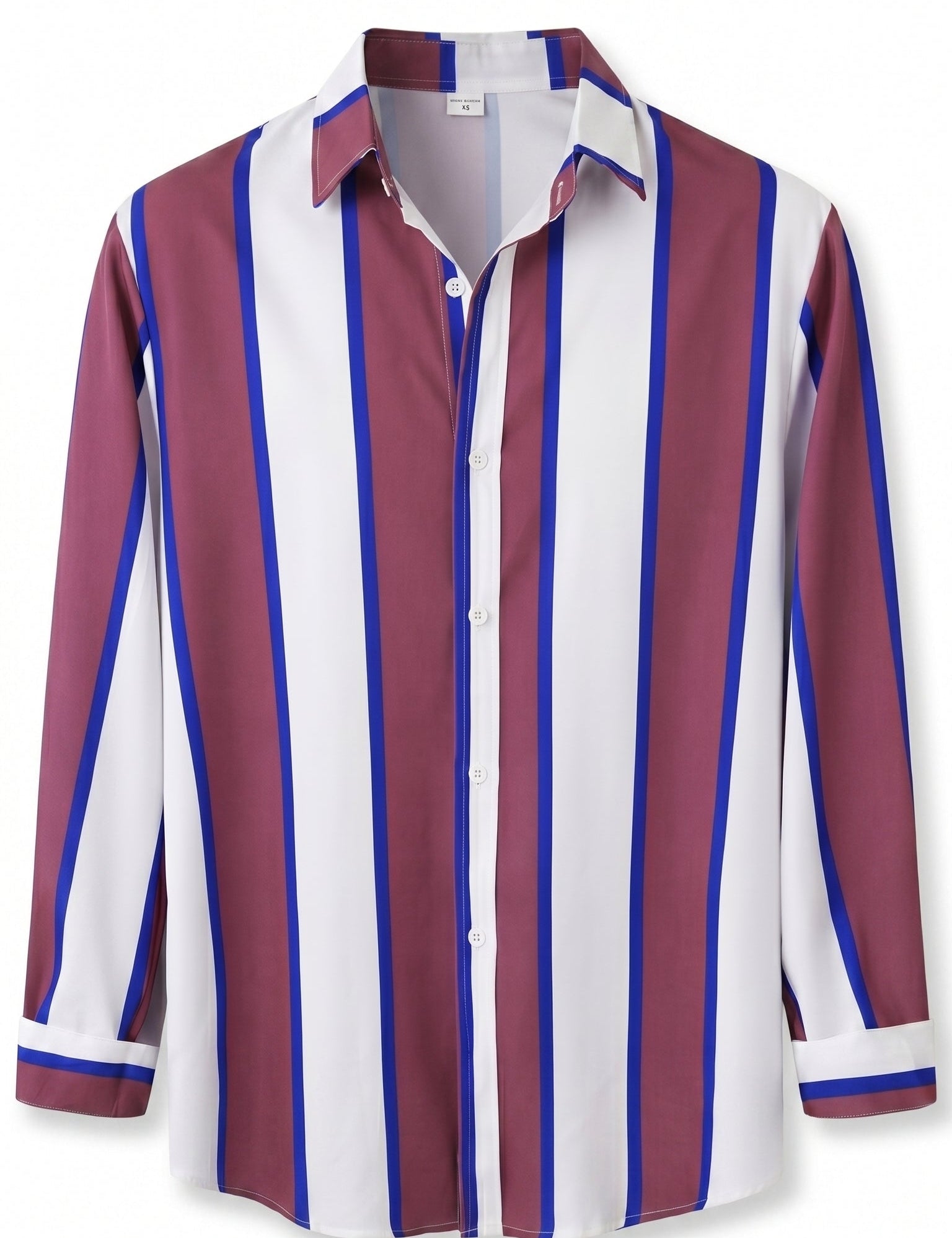 Burgundy white and blue striped men’s button-up shirt
