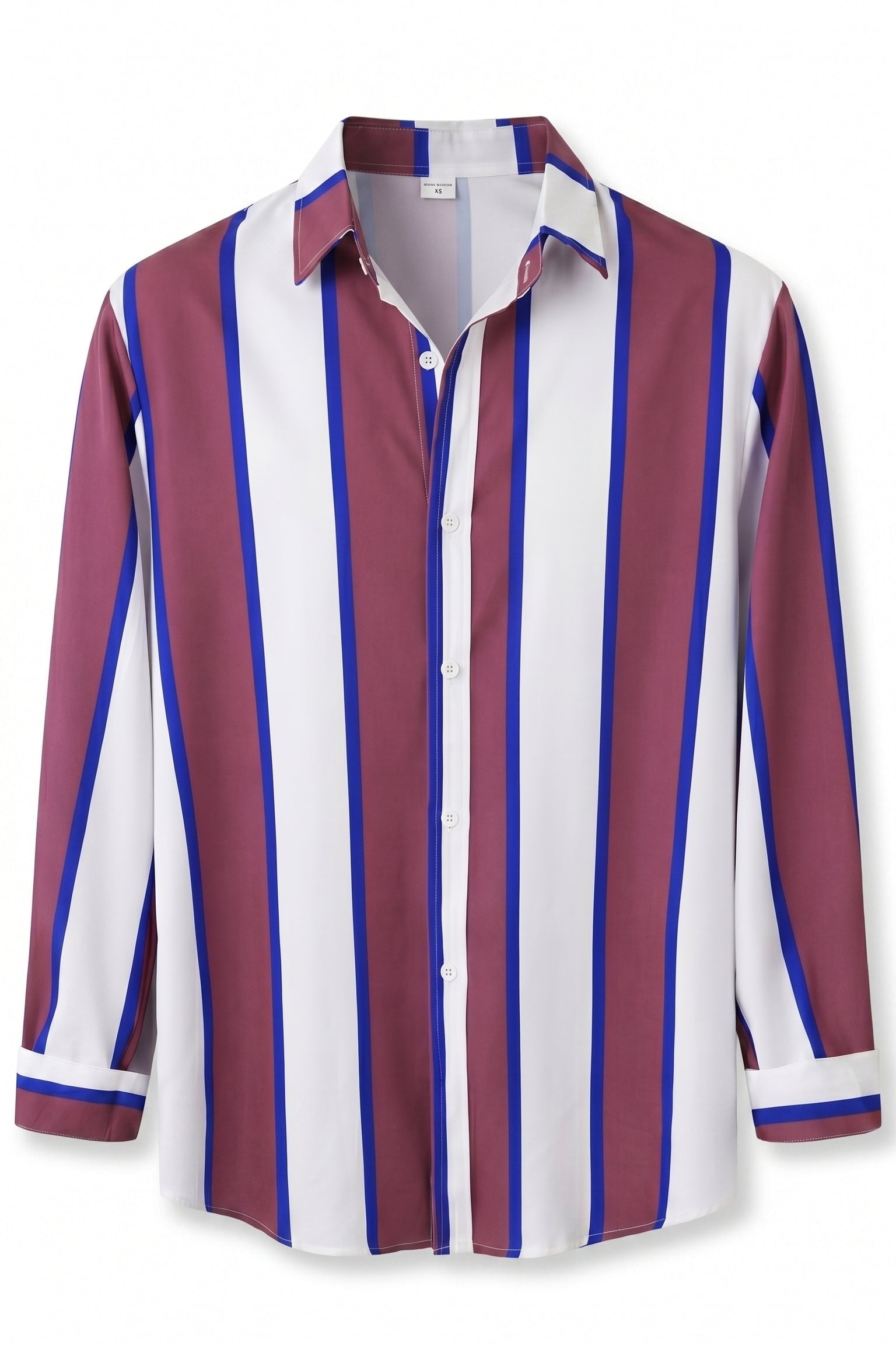 Burgundy white and blue striped men’s button-up shirt
