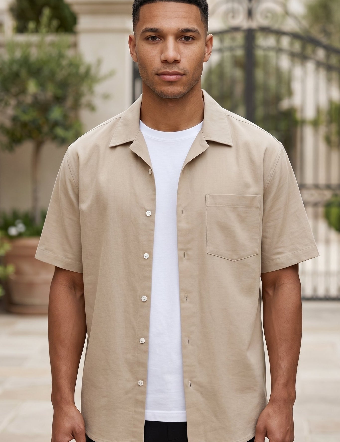 Cala - Khaki men’s oversized buttoned summer shirt - Upper body front view