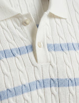 Celeste - Close-up of a white cable knit sweater with blue stripes and buttons.