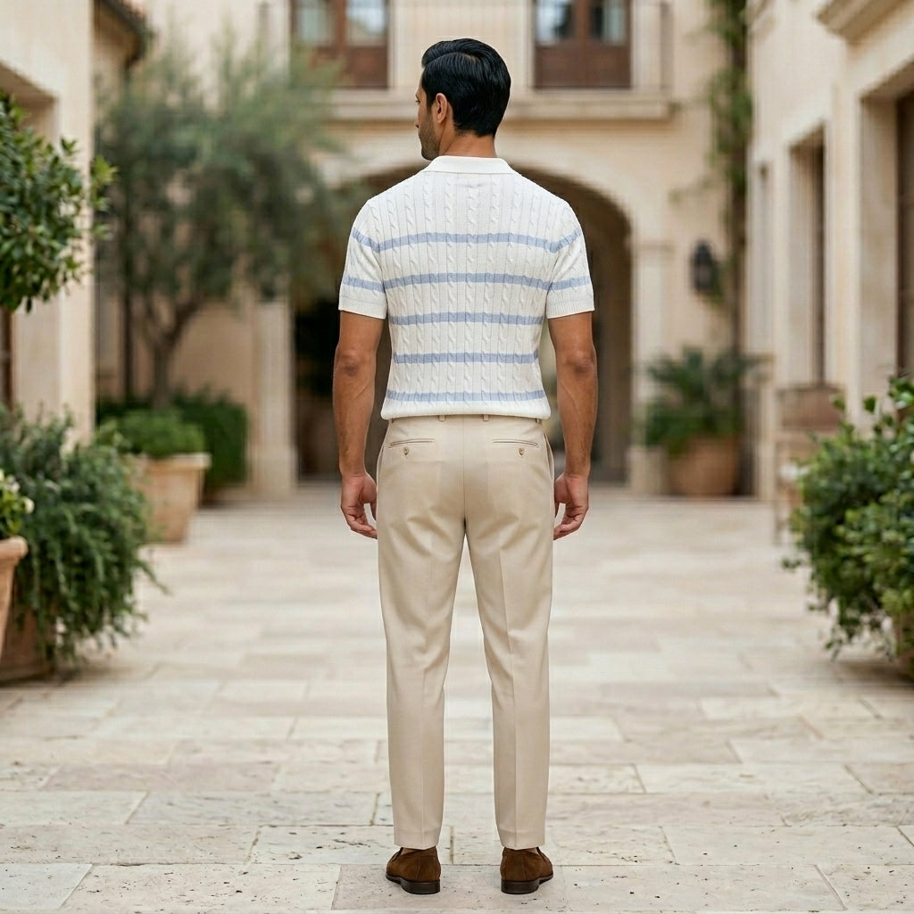 Celeste - Man walking away in a courtyard wearing a striped shirt and beige pants.
