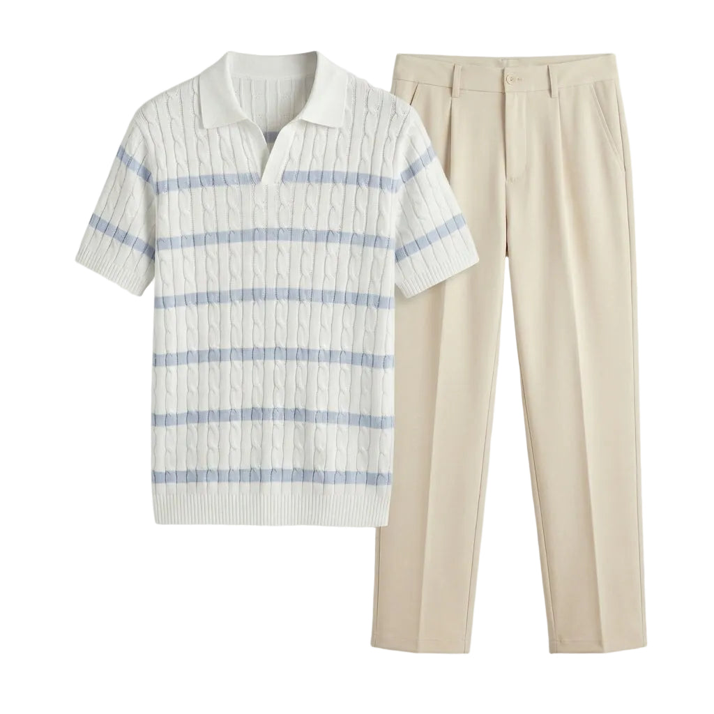 Celeste - Striped shirt and beige pants on a light gray background