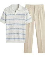 Celeste - Striped shirt and beige pants on a light gray background