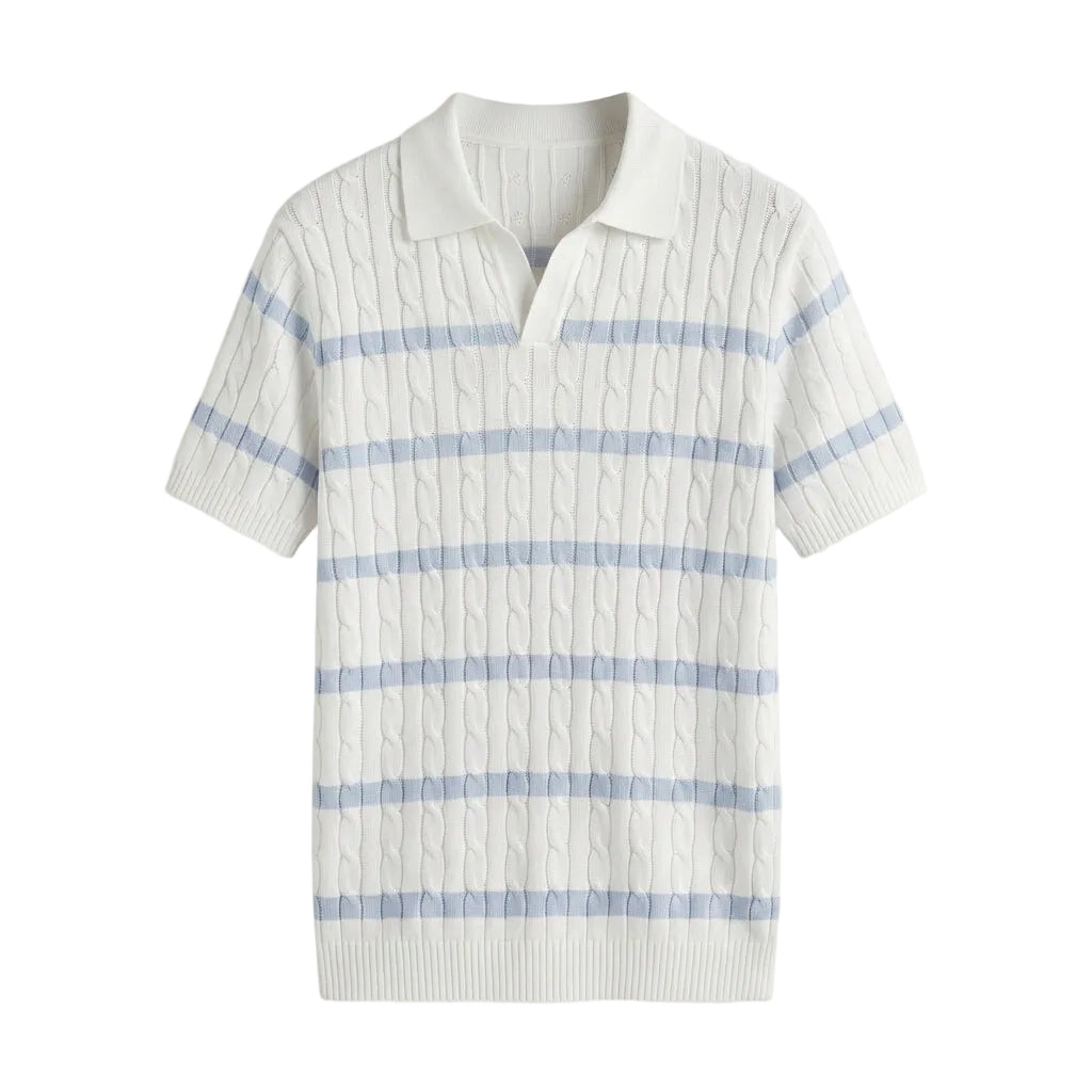 Celeste - White polo shirt with blue stripes on a light gray background
