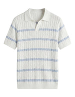 Celeste - White polo shirt with blue stripes on a light gray background