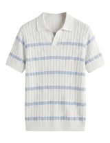Celeste - White polo shirt with blue stripes on a light gray background