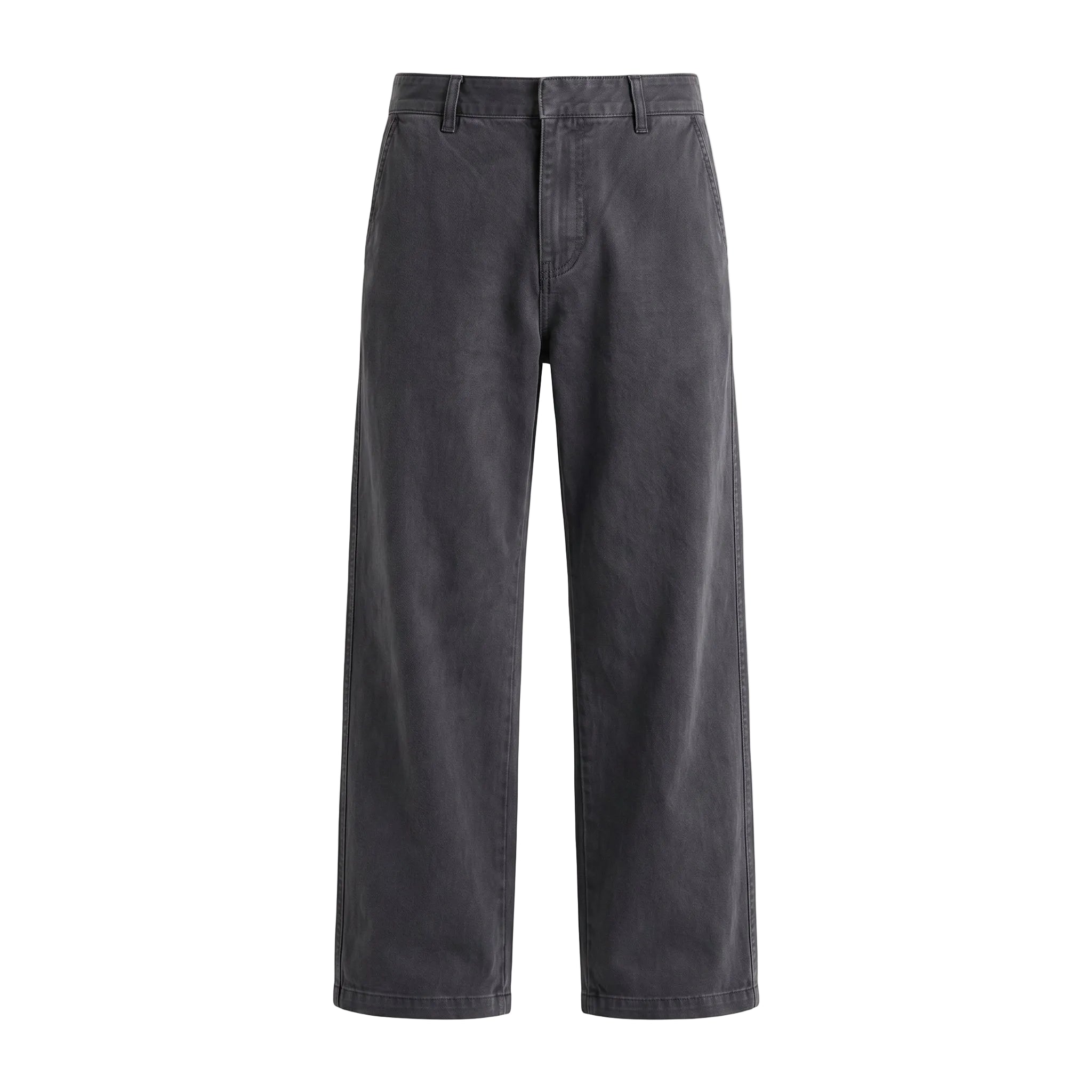 Charcoal gray relaxed-fit casual pants with straight legs on a white background.
