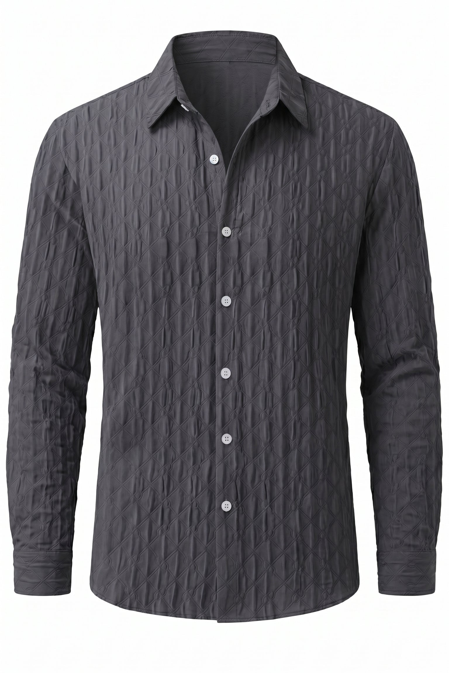 Charcoal grey mens embossed collared long sleeve shirt
