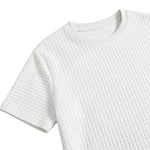 Close-up detail of a white textured short-sleeve summer T-shirt fabric and crew neckline.