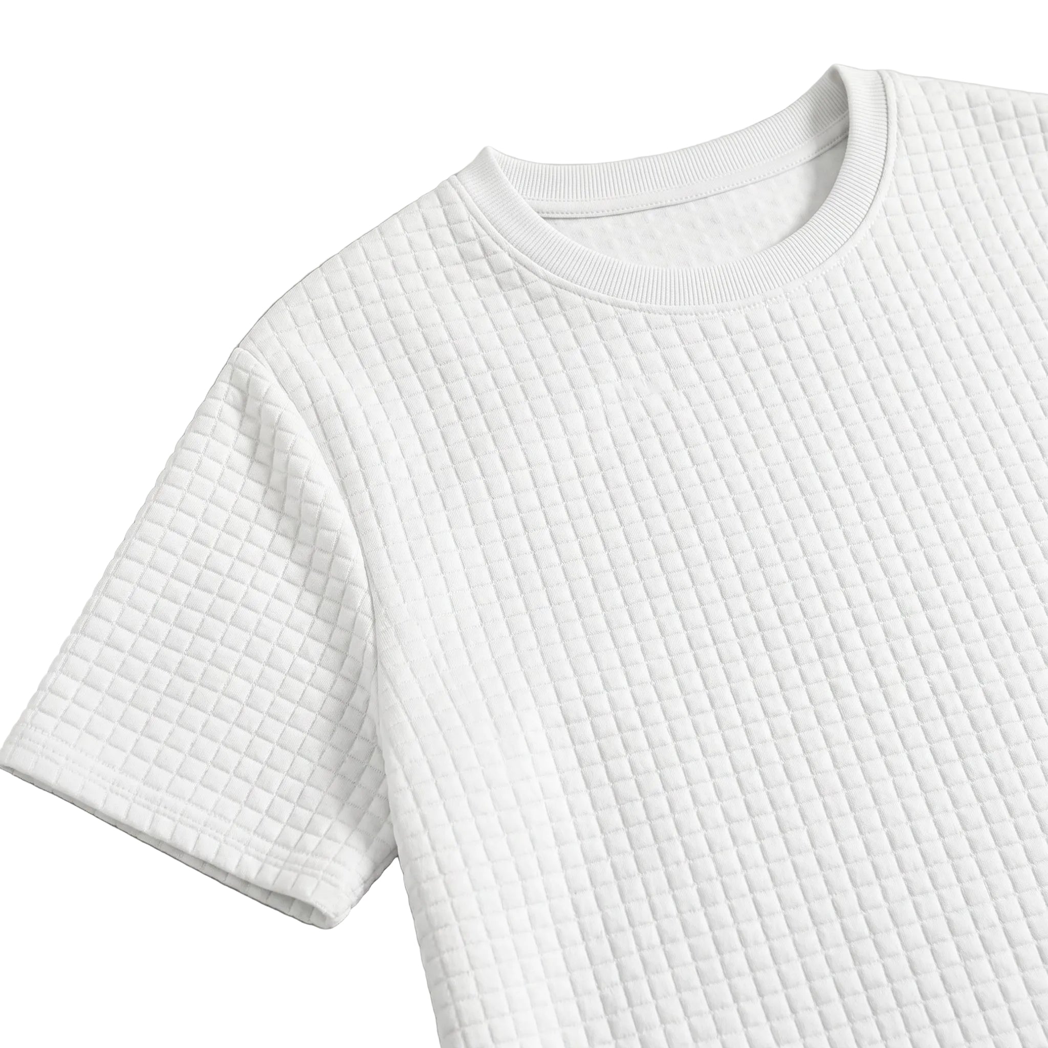 Close-up detail of a white textured short-sleeve summer T-shirt fabric and crew neckline.