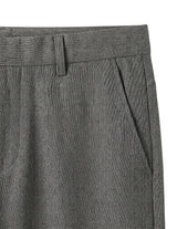 Close-up detail of gray tailored pants waistband, side pocket, and smooth fabric.