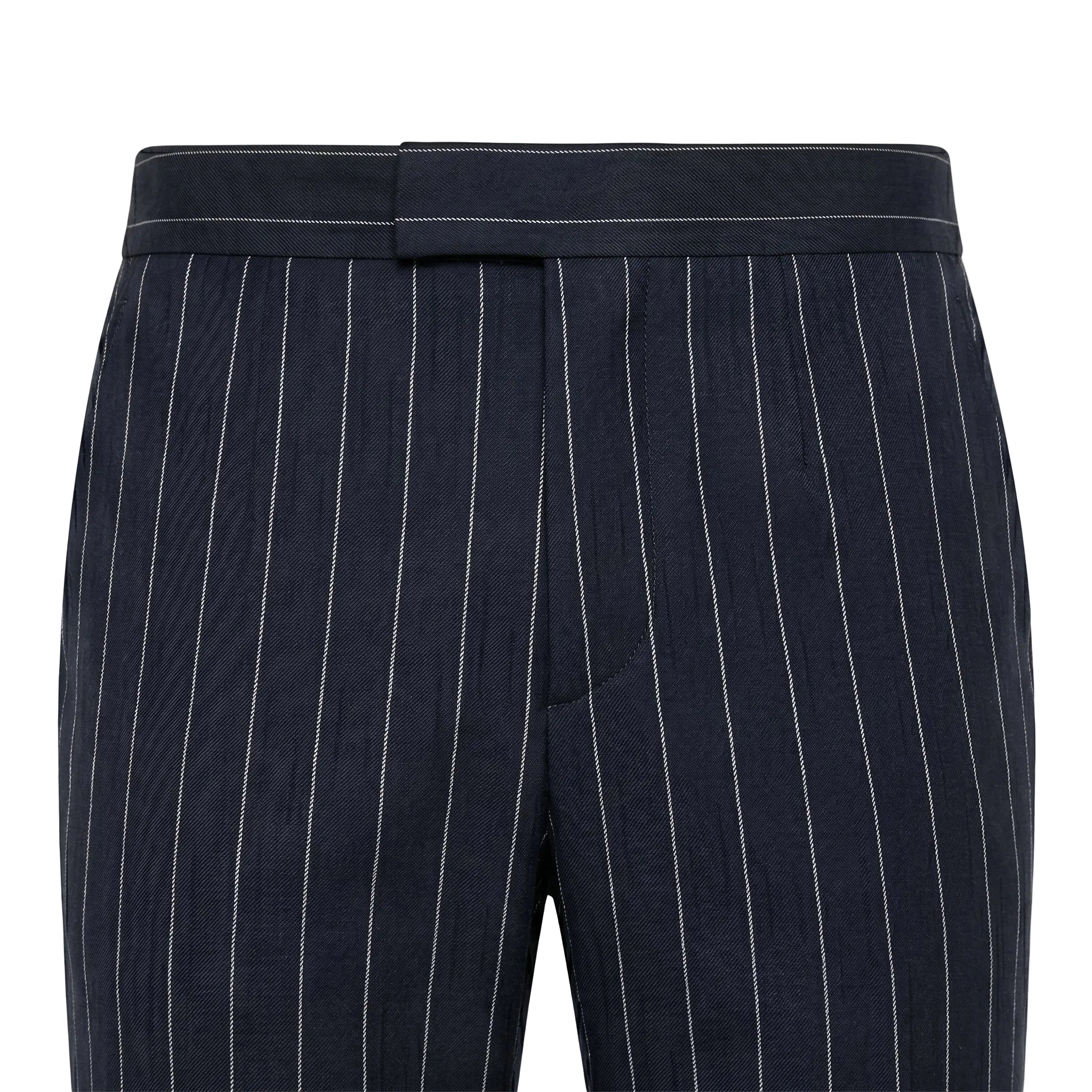 Close-up detail of navy pinstripe pants waistband with elastic back and vertical stripe pattern.