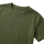Close-up detail of olive green textured short-sleeve T-shirt fabric and crew neckline.