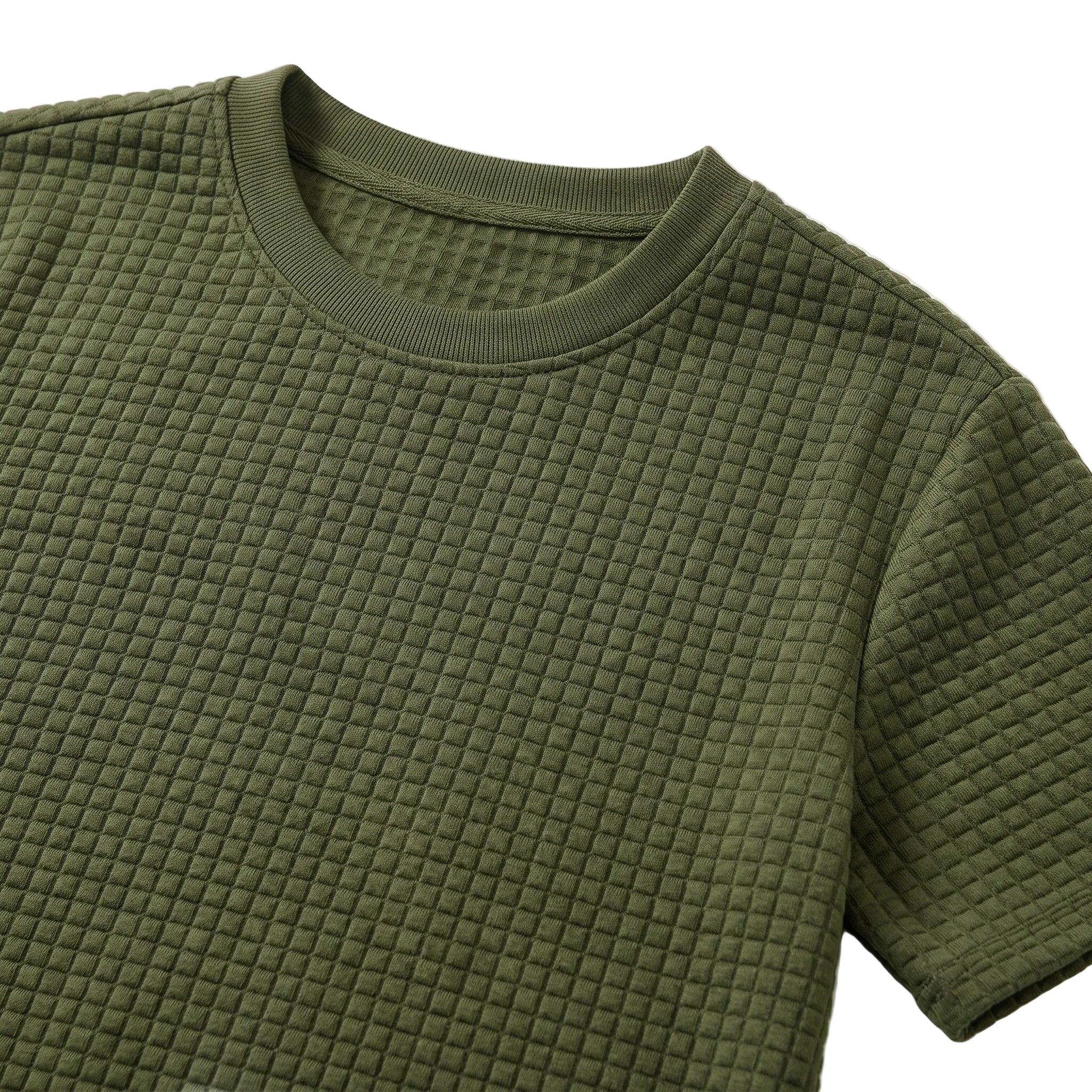 Close-up detail of olive green textured short-sleeve T-shirt fabric and crew neckline.