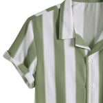 Close-up detail of white and sage green striped short-sleeve button-up shirt fabric and collar.