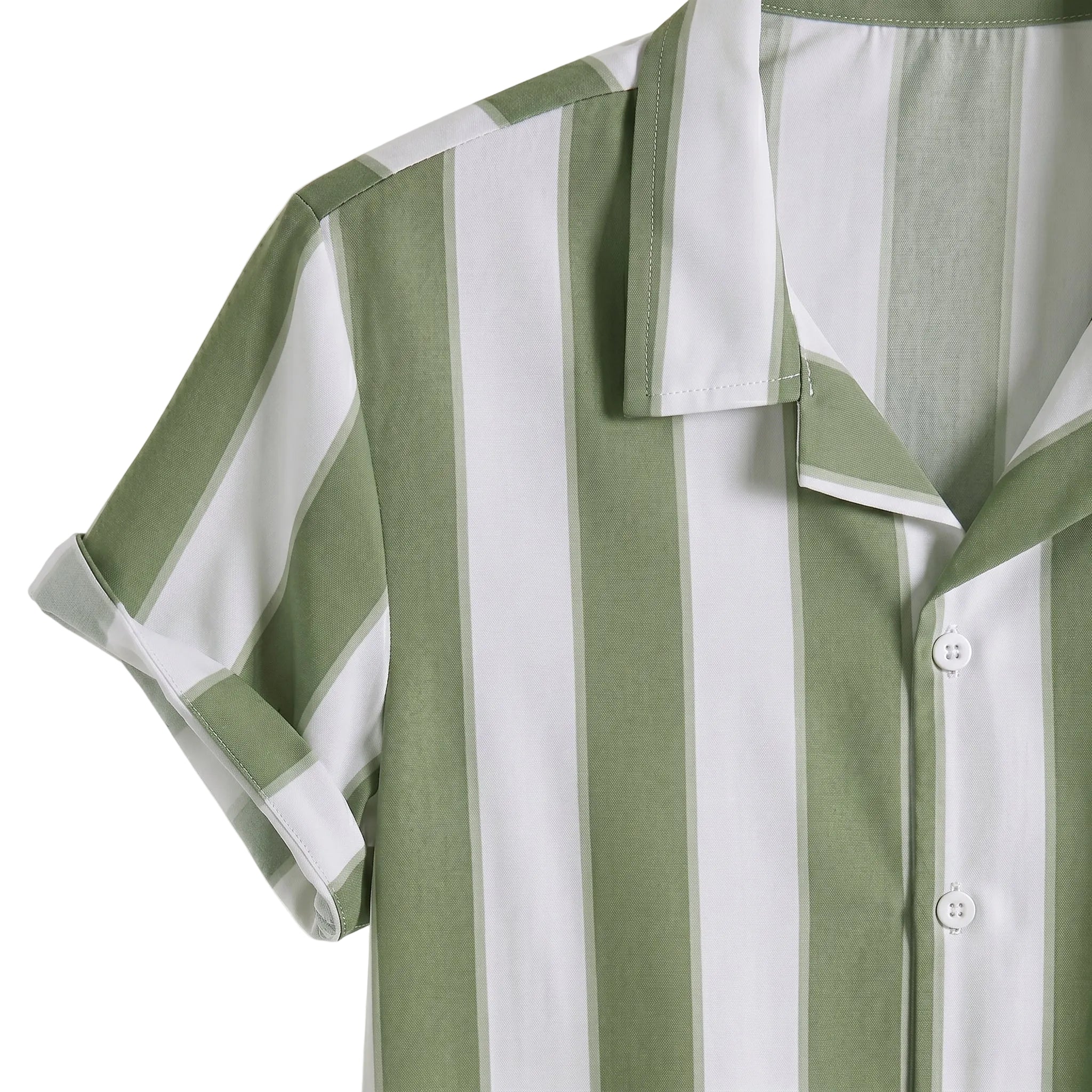 Close-up detail of white and sage green striped short-sleeve button-up shirt fabric and collar.