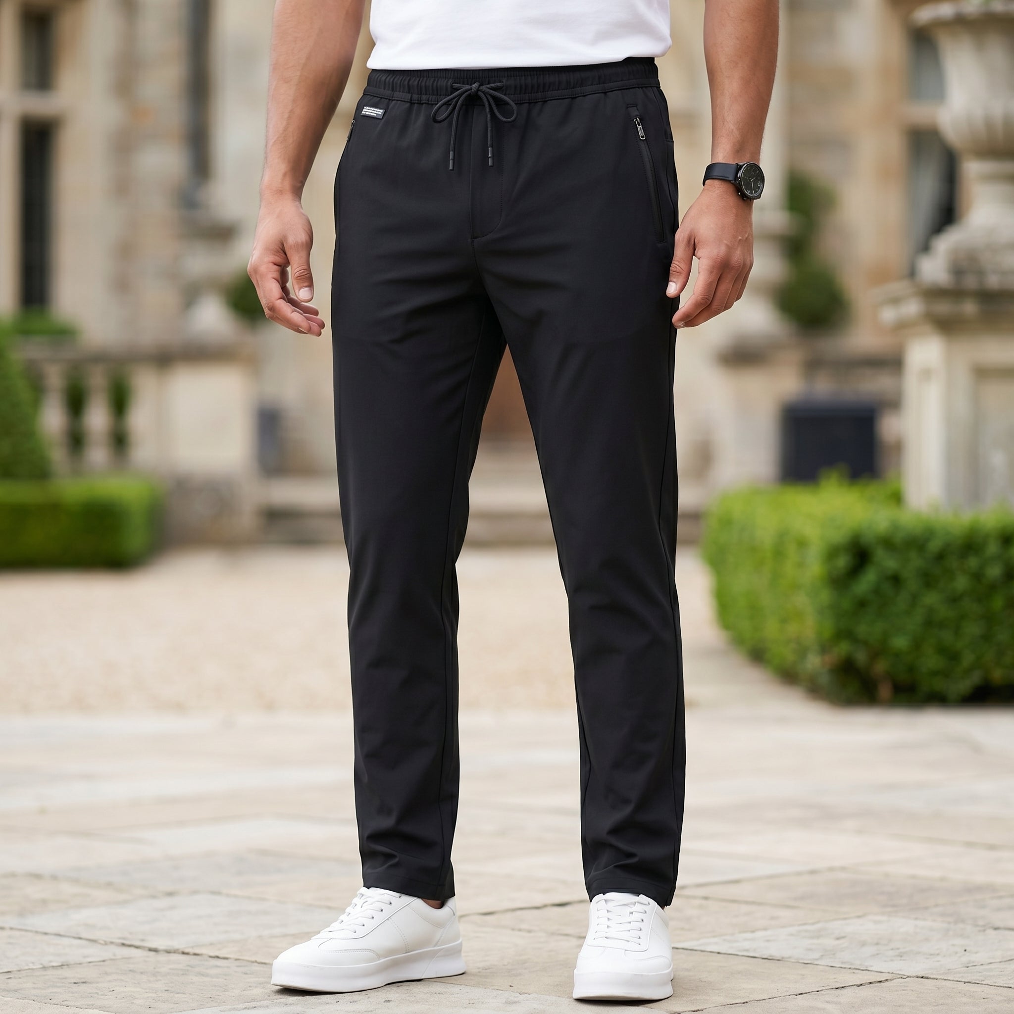 Close-up front view of male model wearing black jogger pants with side pockets and a tapered fit.