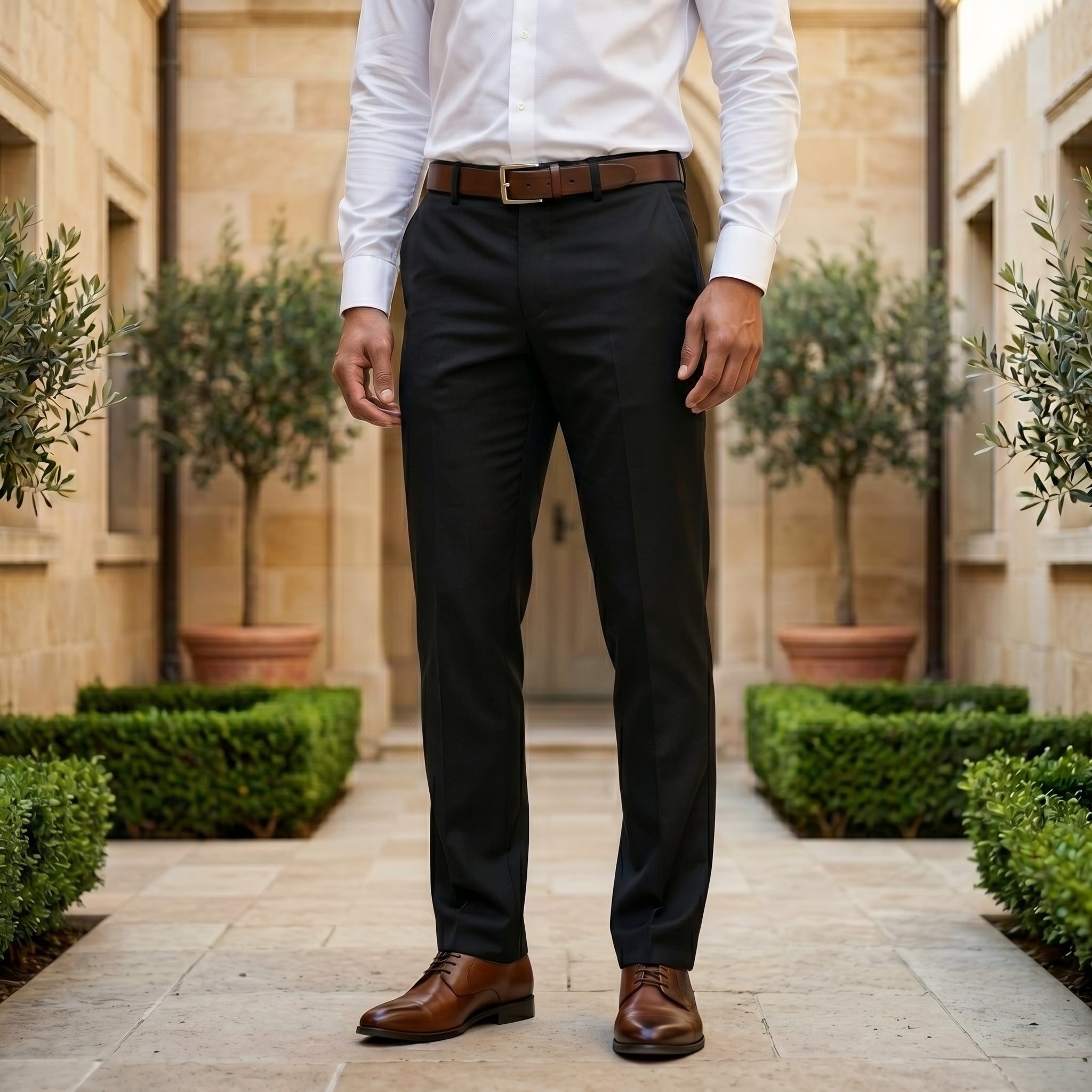 Close-up front view of male model wearing black tailored dress pants with a slim straight-leg fit.