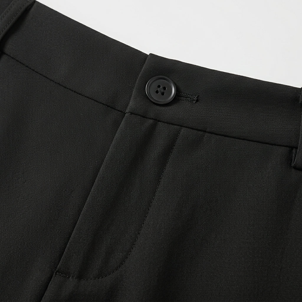 Close-up of a black button on a black garment against a light gray background