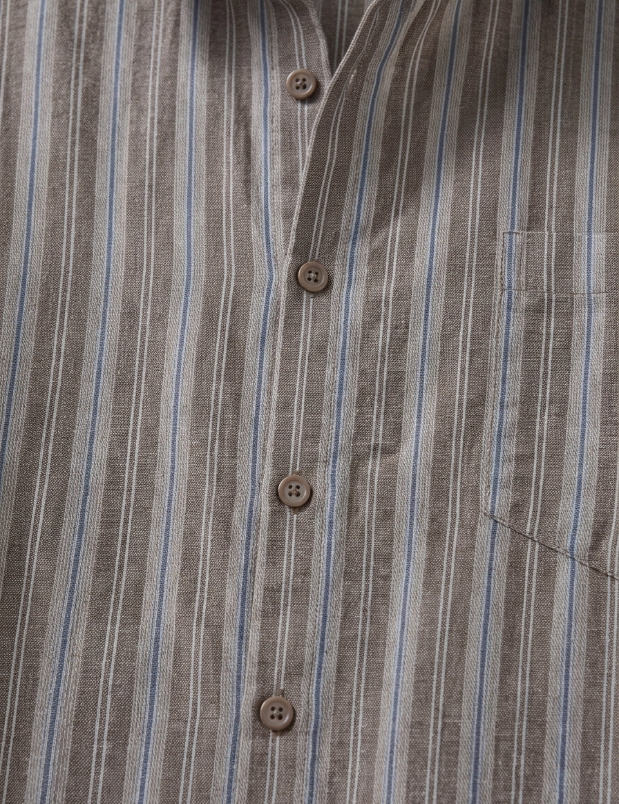 Close-up of a brown and blue striped shirt with button details