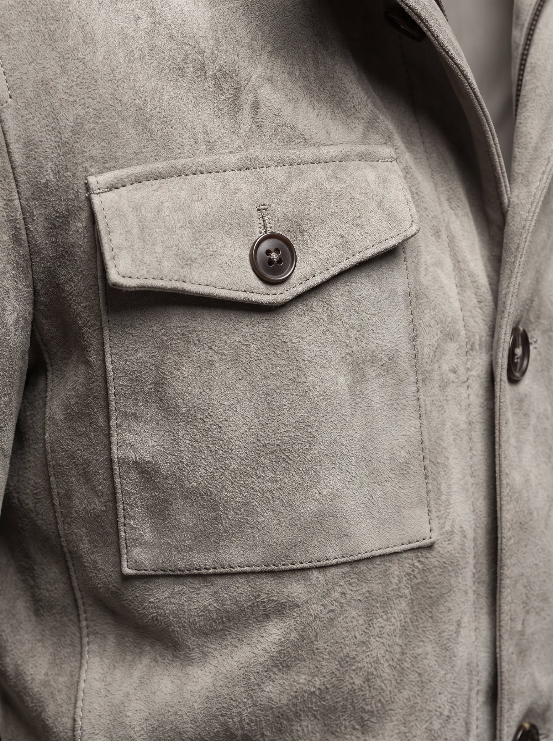 Close-up of a gray suede or nubuck jacket with a buttoned flap chest pocket and dark buttons.