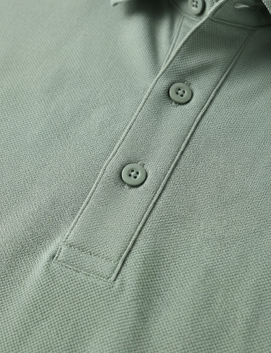 Close-up of a green polo shirt with buttons
