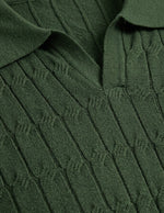 Close-up of a green ribbed sweater with a collar