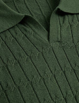 Close-up of a green ribbed sweater with a collar