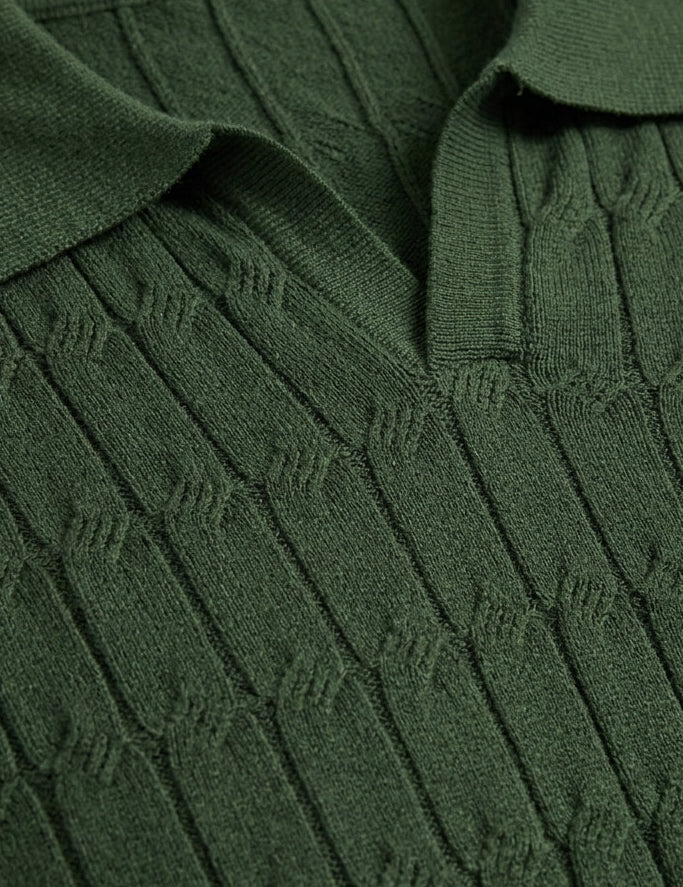 Close-up of a green ribbed sweater with a collar