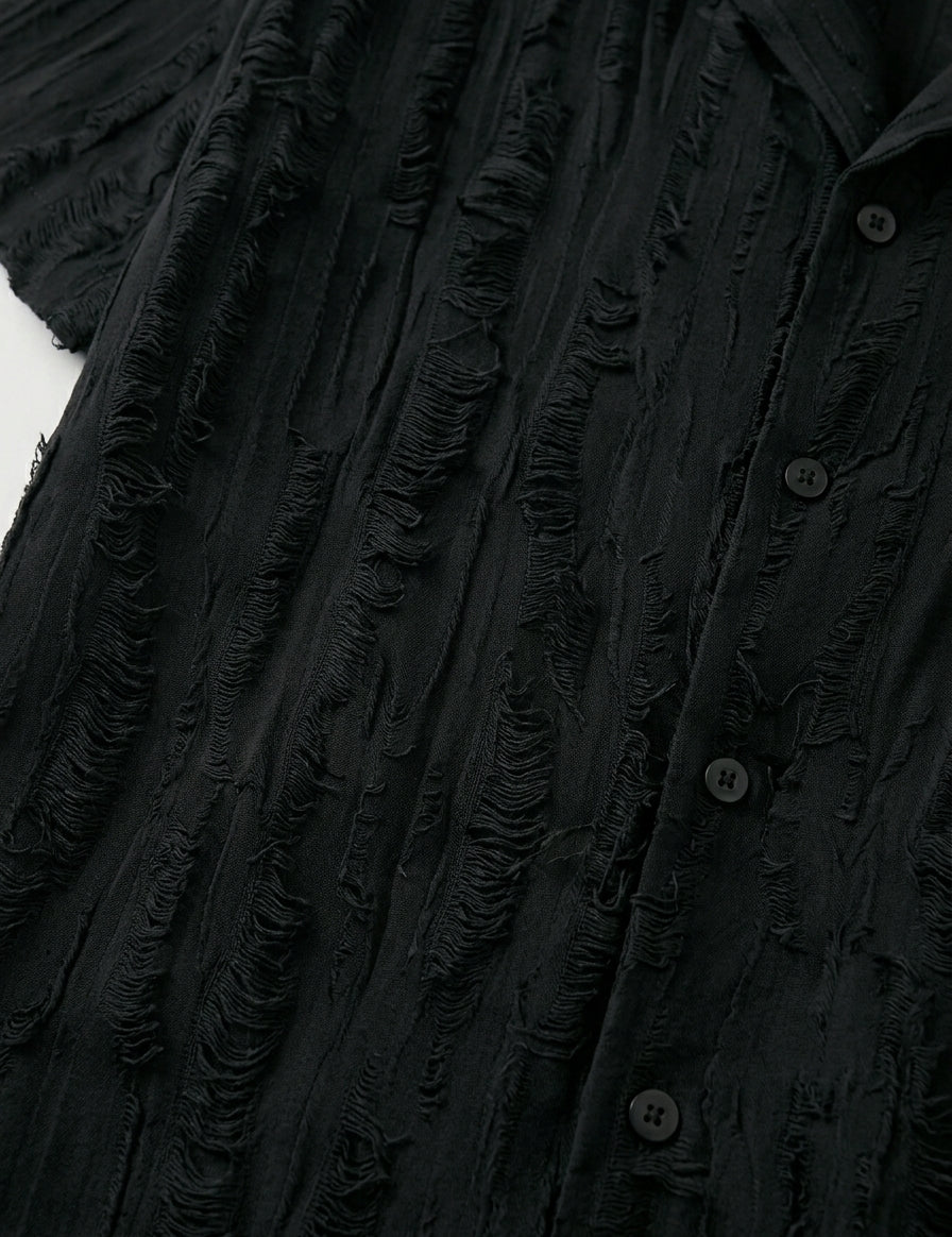 Close-up of a textured black garment with buttons