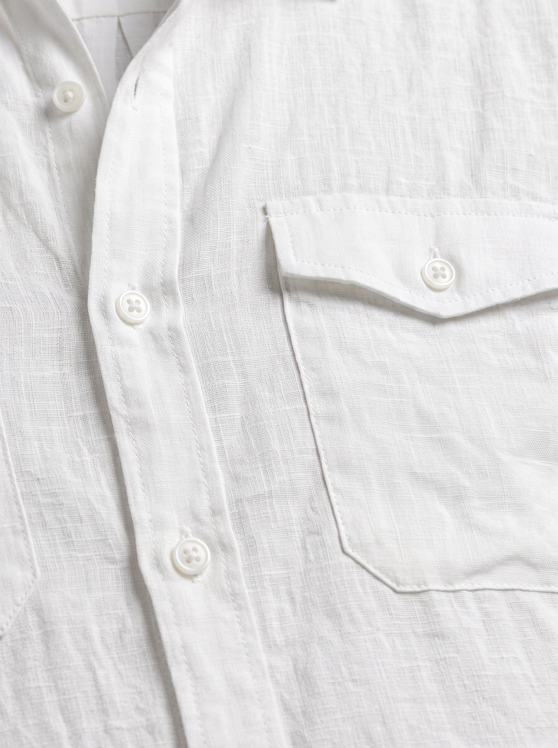 Close-up of a white textured linen button-down shirt showing a buttoned chest pocket and front placket.