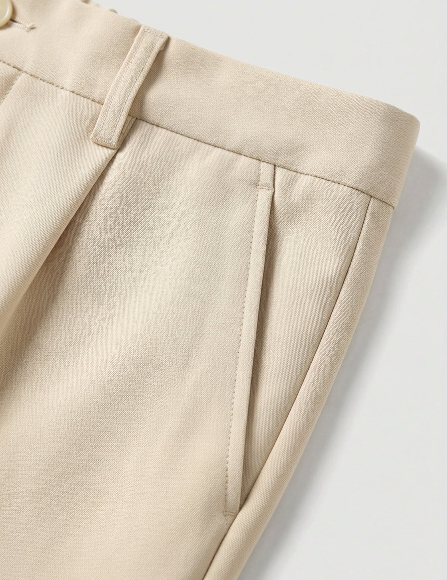 Close-up of beige pants on a light gray background