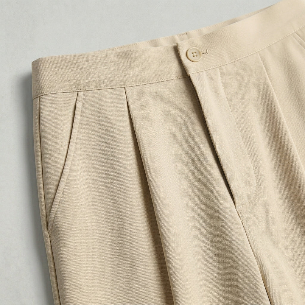 Close-up of beige pants with a button on a light gray background