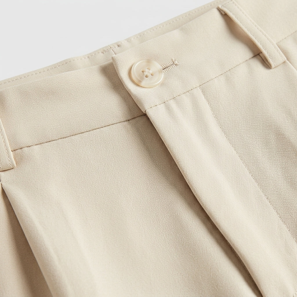Close-up of beige pants with a button on a light gray background