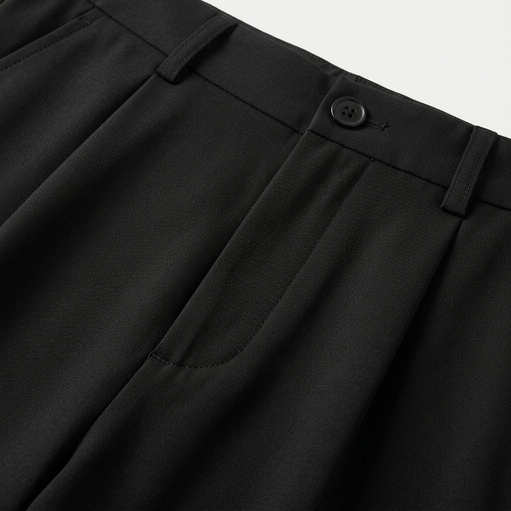 Close-up of black pants with a button on a light gray background
