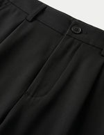 Close-up of black pants with a button on a light gray background