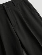 Close-up of black pants with a button on a light gray background