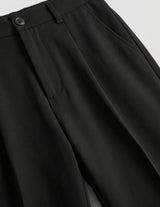 Close-up of black pants with a button on a light gray background