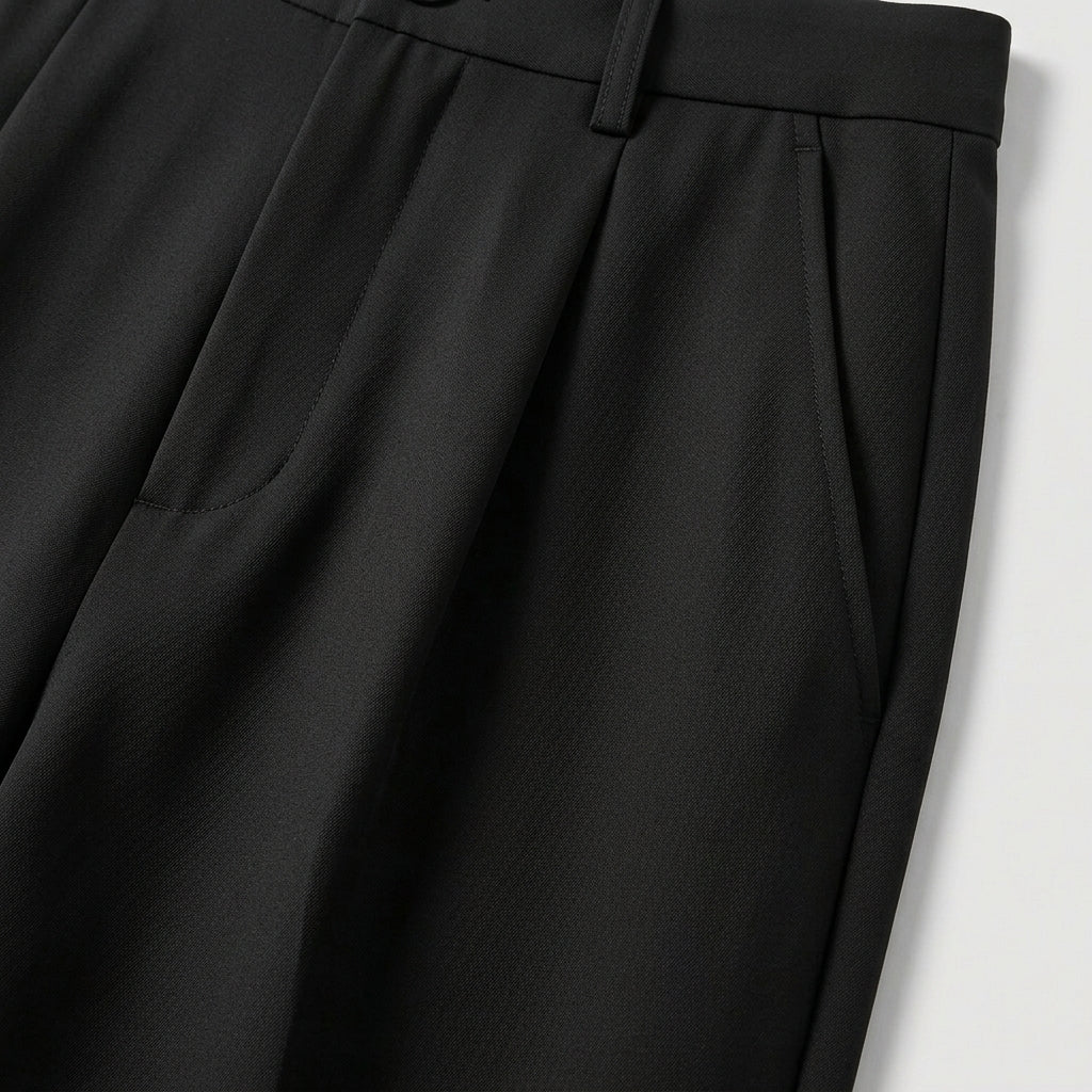 Close-up of black pleated pants on a light gray background