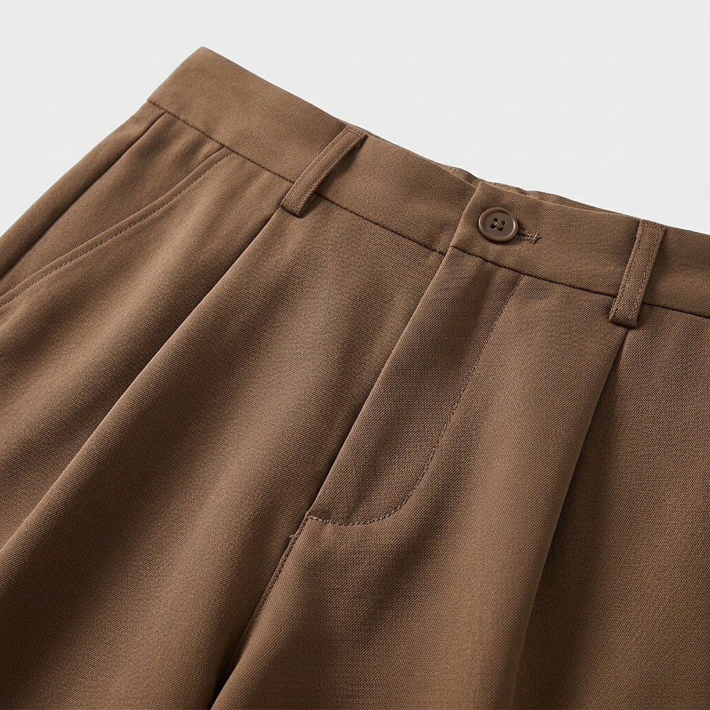 Close-up of brown pants with a button on a light gray background