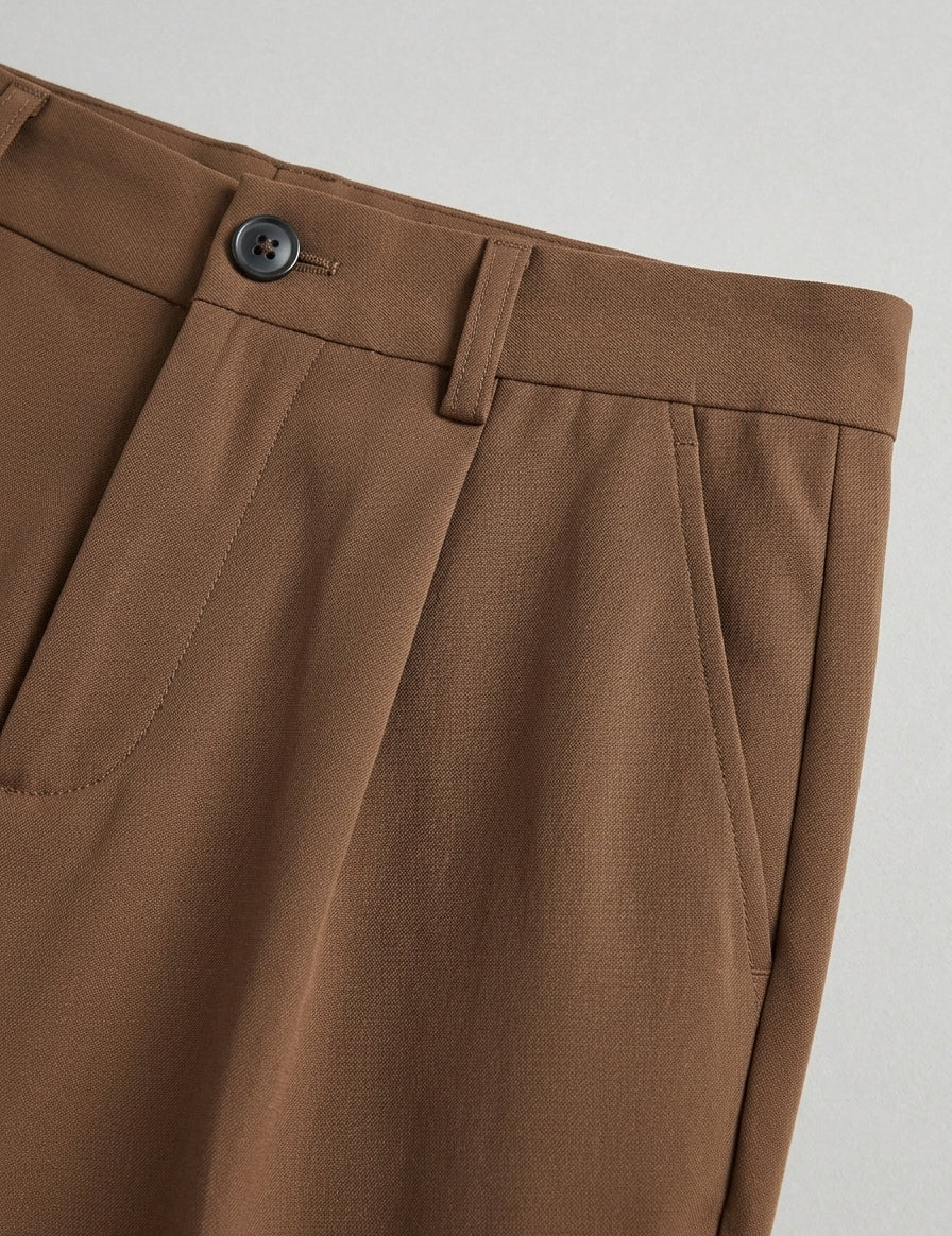 Close-up of brown pleated pants on a light gray background