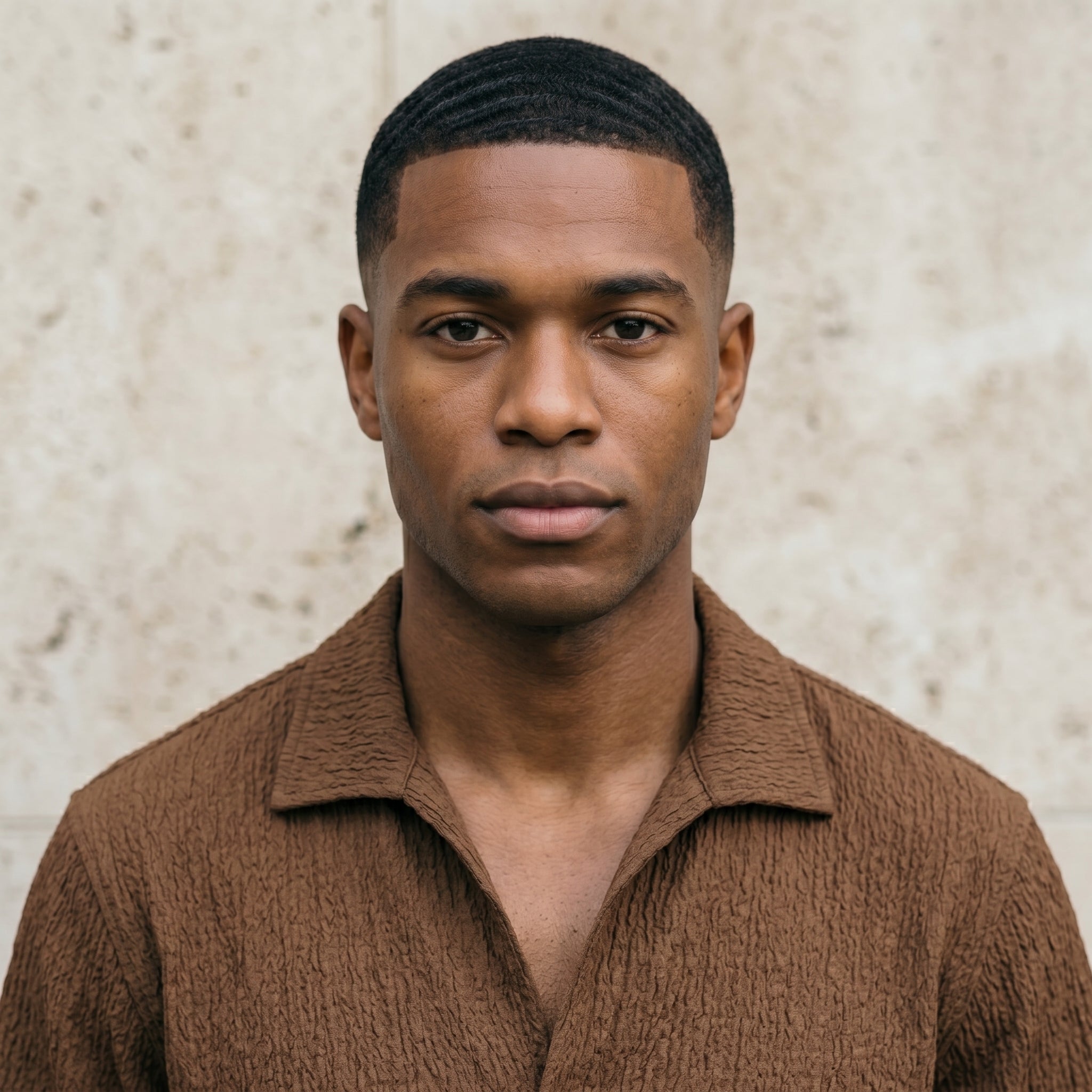 Close-up of male model wearing a brown textured short-sleeve collared shirt.