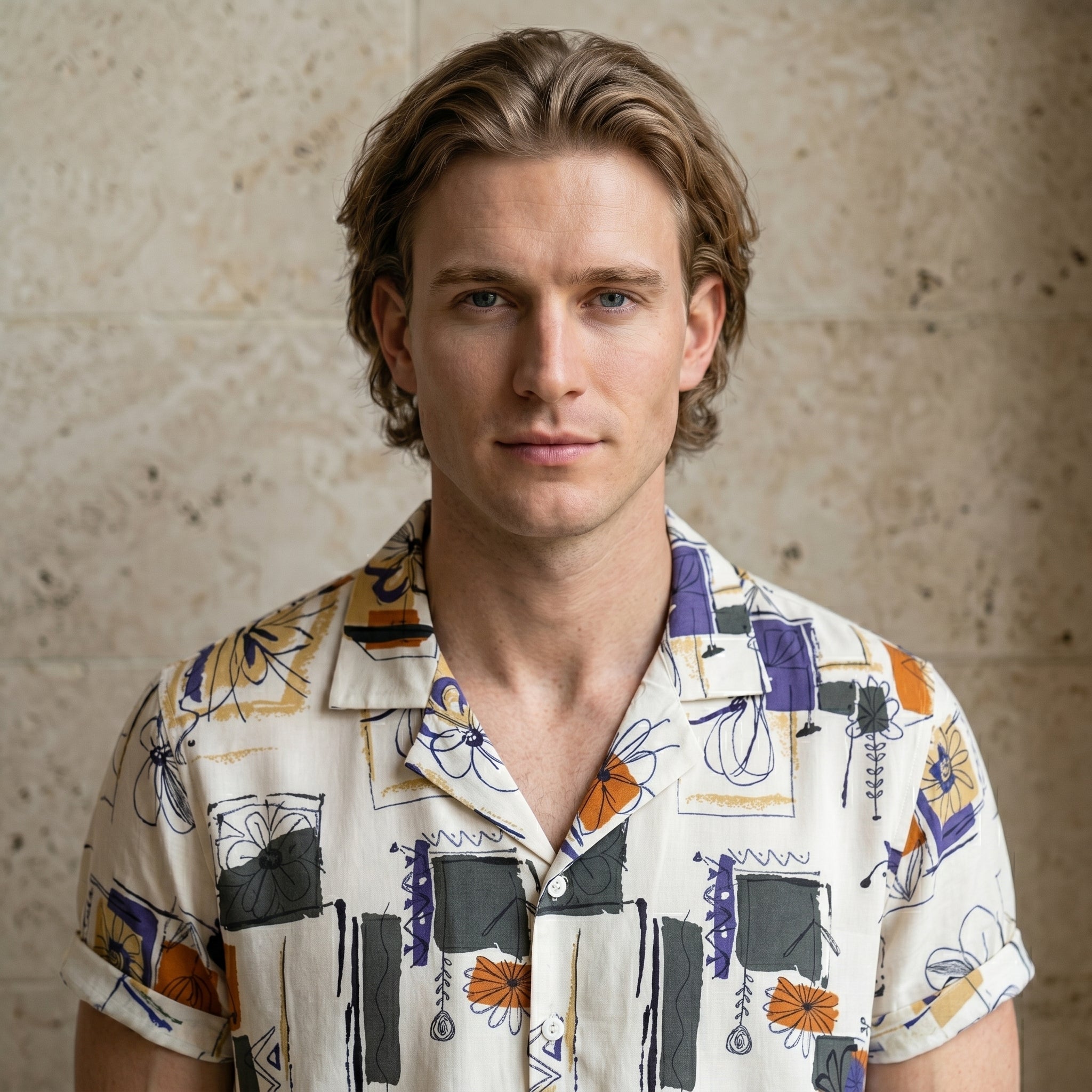 Close-up of male model wearing an ivory abstract print short-sleeve button-up summer shirt.