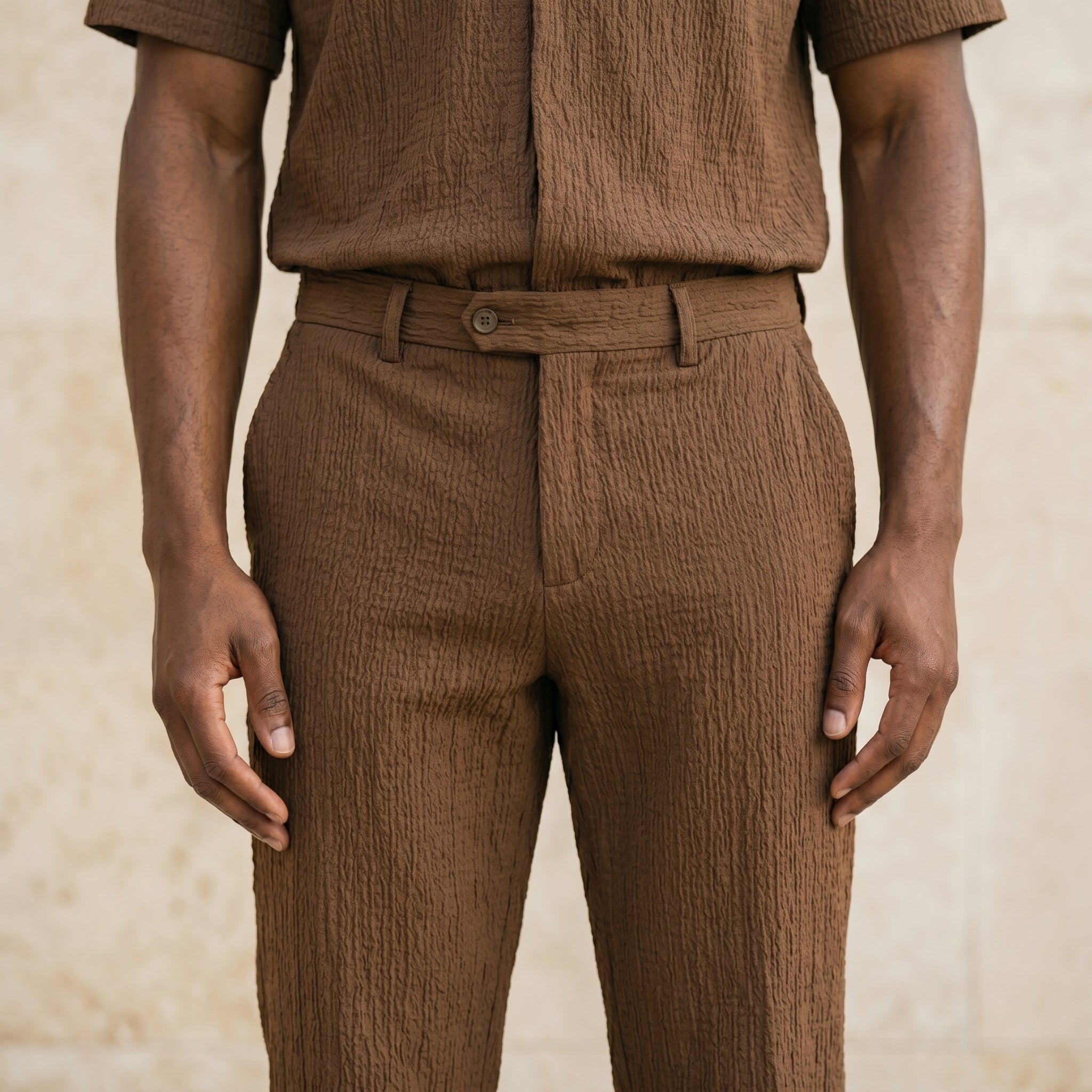 Close-up of male model wearing brown textured straight-leg pants with a relaxed fit.