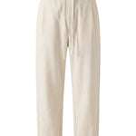 Cream drawstring jogger pants with tapered legs on a white background.