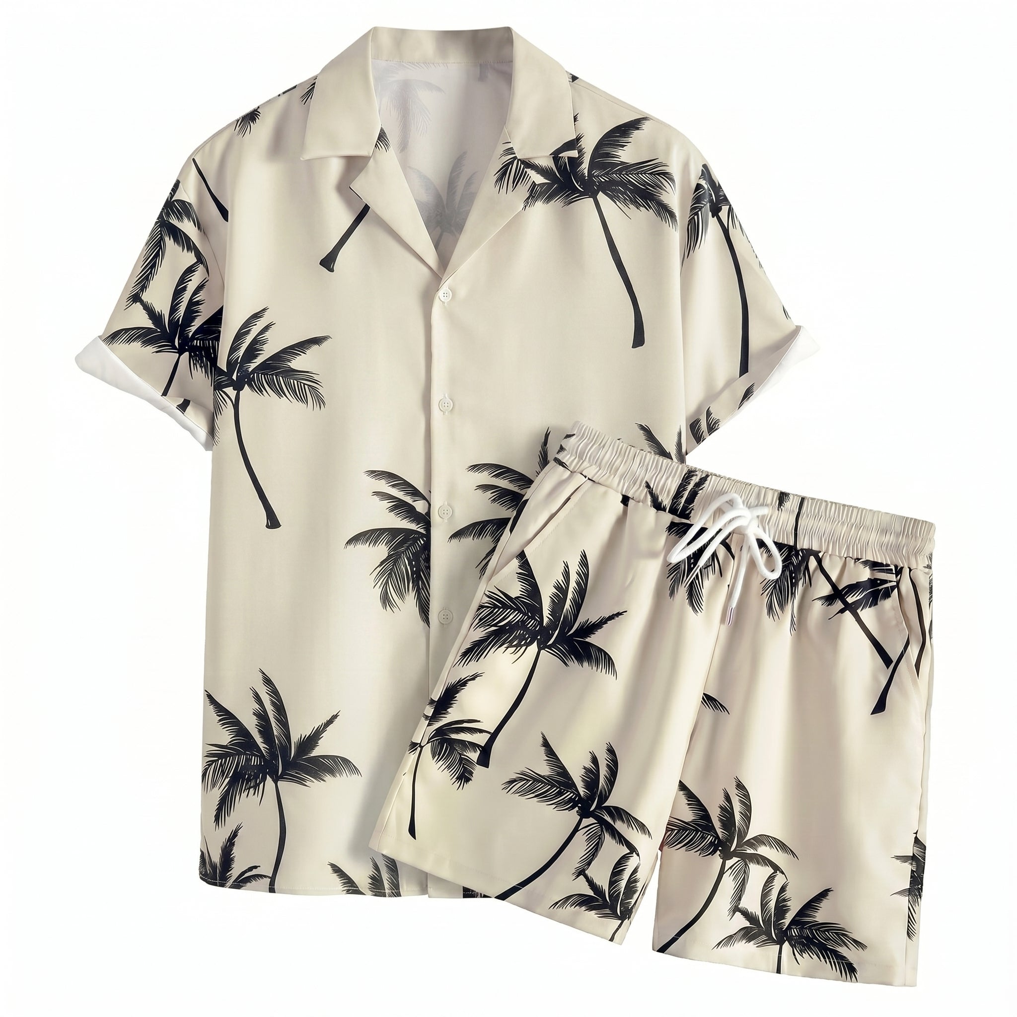 Cream palm print short-sleeve shirt with matching drawstring shorts on a white background.