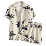 Cream palm print short-sleeve shirt with matching drawstring shorts on a white background.