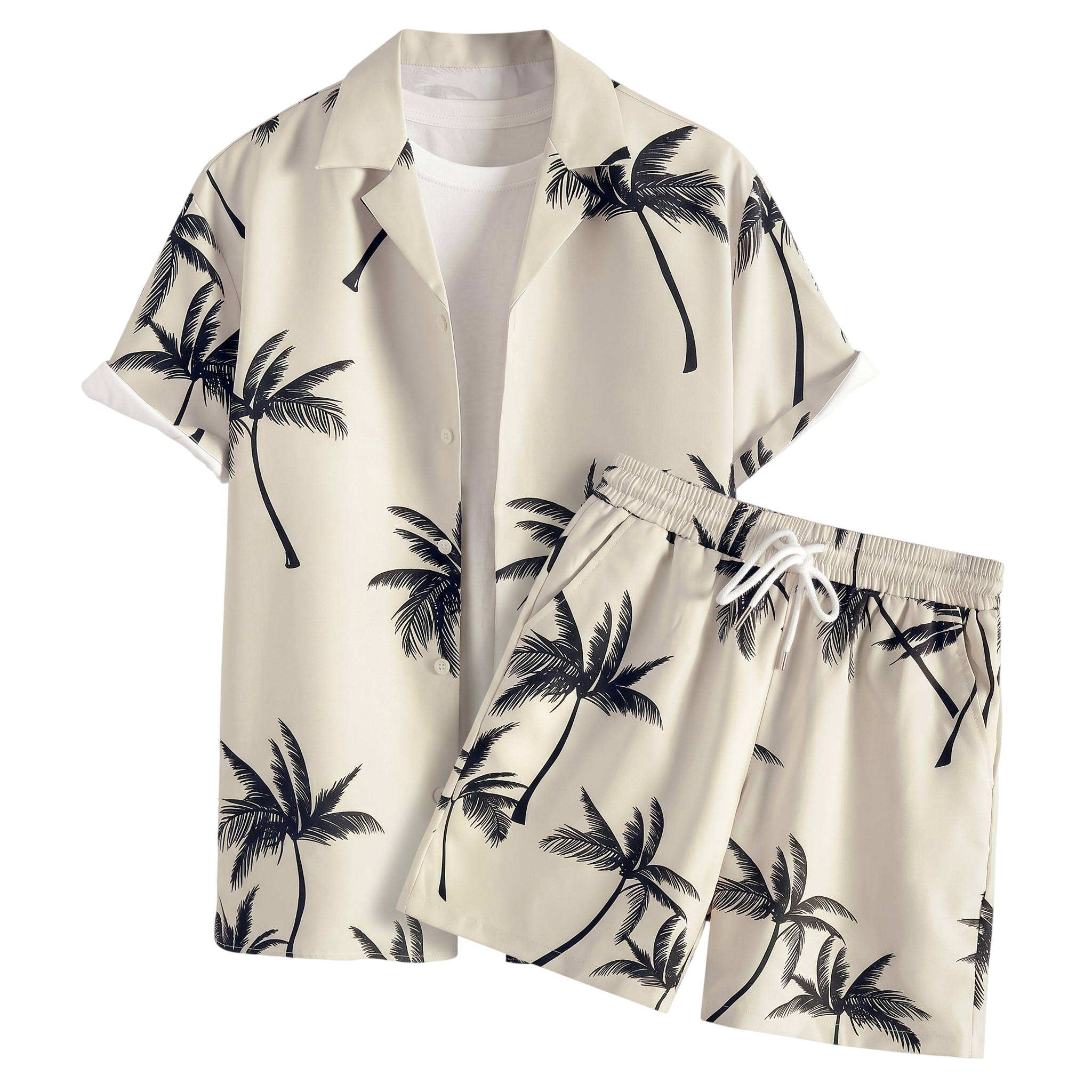 Cream palm print short-sleeve shirt with matching drawstring shorts on a white background.