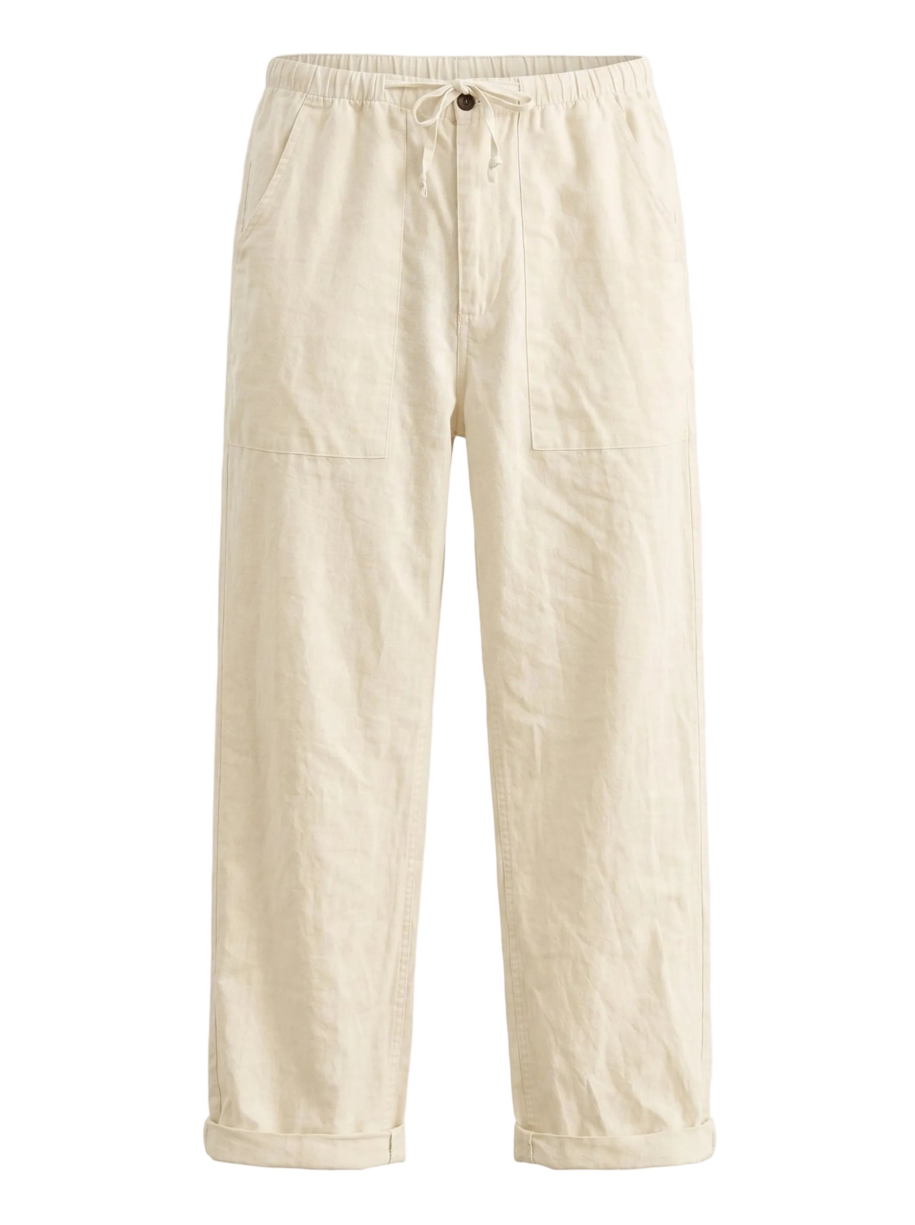 Cream relaxed-fit casual pants on a white background.